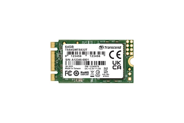 Memory 64GB, M.2 2242 SSD, SATA3 B+M Key, 3D TLC BiCS4, DRAM-less, PE: 3K TS64GMTS532T